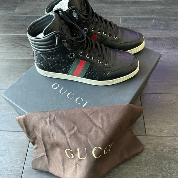 Gucci Black Leather High-Tops with Red and Green Stripes - Picture 2 of 7